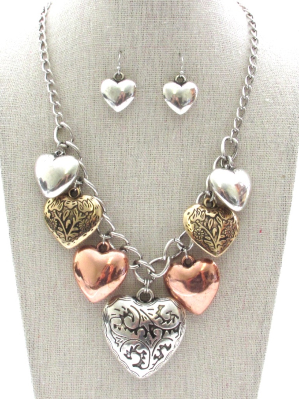 Puffy Heart Charm Necklace Copper Gold Silver